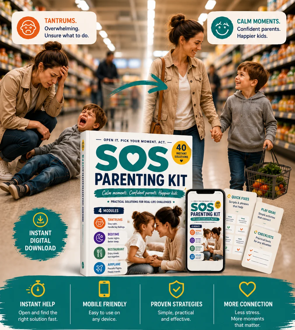 From overwhelmed to calm — SOS Parenting Kit gives you 40 instant solutions for tantrums, bedtime, restaurants and flights