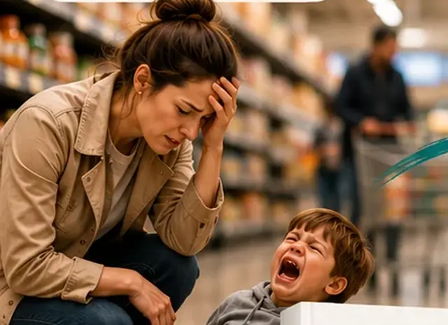A parent kneeling beside a crying toddler in a supermarket aisle