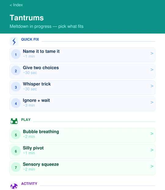 Tantrums module: 10 strategies split into quick fix, play and activity, each with a time estimate