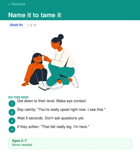 Strategy: Name it to tame it — four numbered steps with the exact words to say